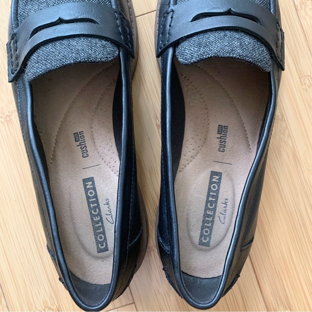 Like New! Clarks Raisie Eletta Black Leather & Gray Tweed Penny Loafer, Size 7 - Picture 3 of 14